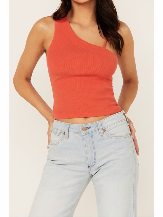 We The Free Tops - We The Free | Asymmetric Strap Ribbed Cotton Tank Top - Coral Orange